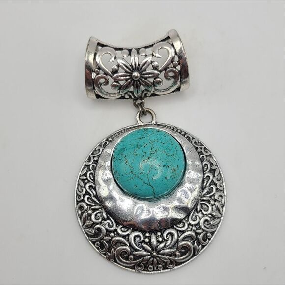 Necklace pendant scarf ring,  silvertone with faux turquoise - Picture 2 of 5